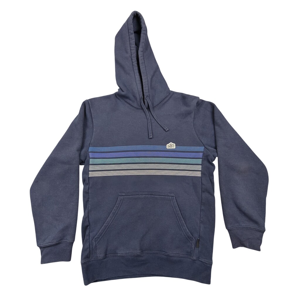 Patagonia Hoodie Mens XS Blue Pullover Hooded Striped Graphic Logo Fleece